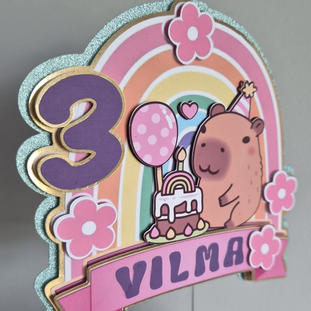 Colorful Birthday Cake Topper with Capybara Design